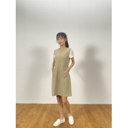 網上下單訂做修腰連身裙 訂購V領橄欖綠短袖美容院工作服 診所護士服專門店 模特展示 BD-CN-22114